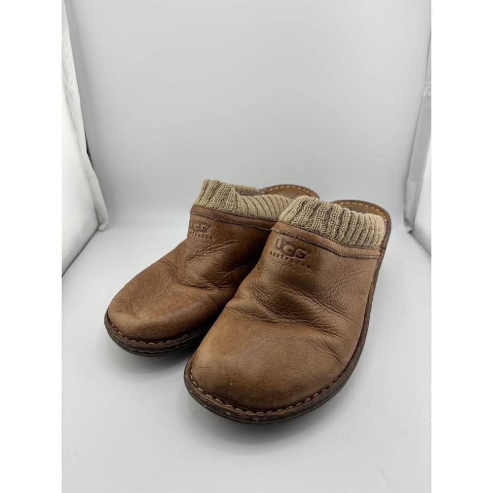 UGG Australia Womens Brown Leather Knit Collar Wedge Clog S/N 1937 Size 7